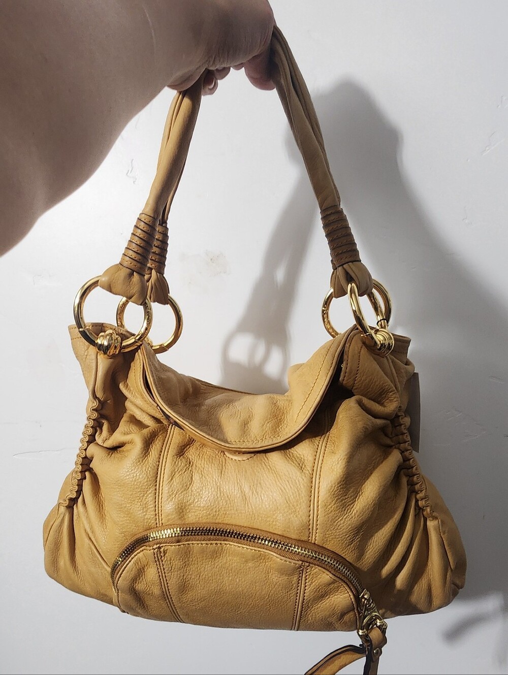 b. makowsky Mustard Leather Shoulder Bag with Gold Rings